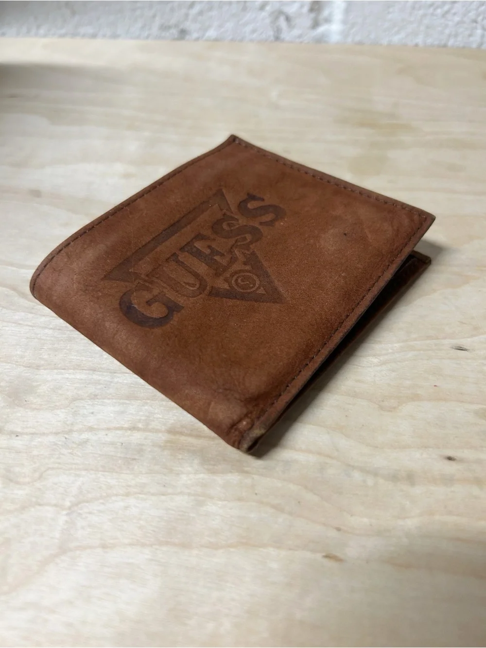 Vintage GUESS Men's Brown Suede Tri-Fold Wallet with Big Embossed Logo RARE